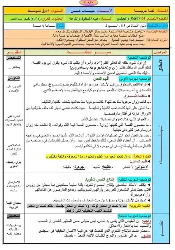 تحضير فهم المنطوق وانتاجة روان و القلم في مادة اللغة العربية: السنة أولى متوسط