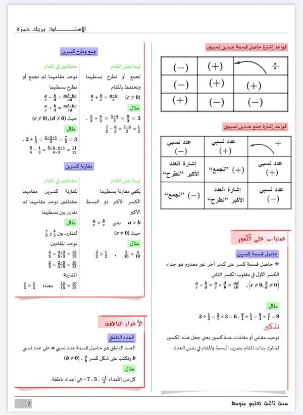 ملخص الأعداد النسبية  العمليات على الكسور و الأعداد الناطقة رياضيات 3 متوسط