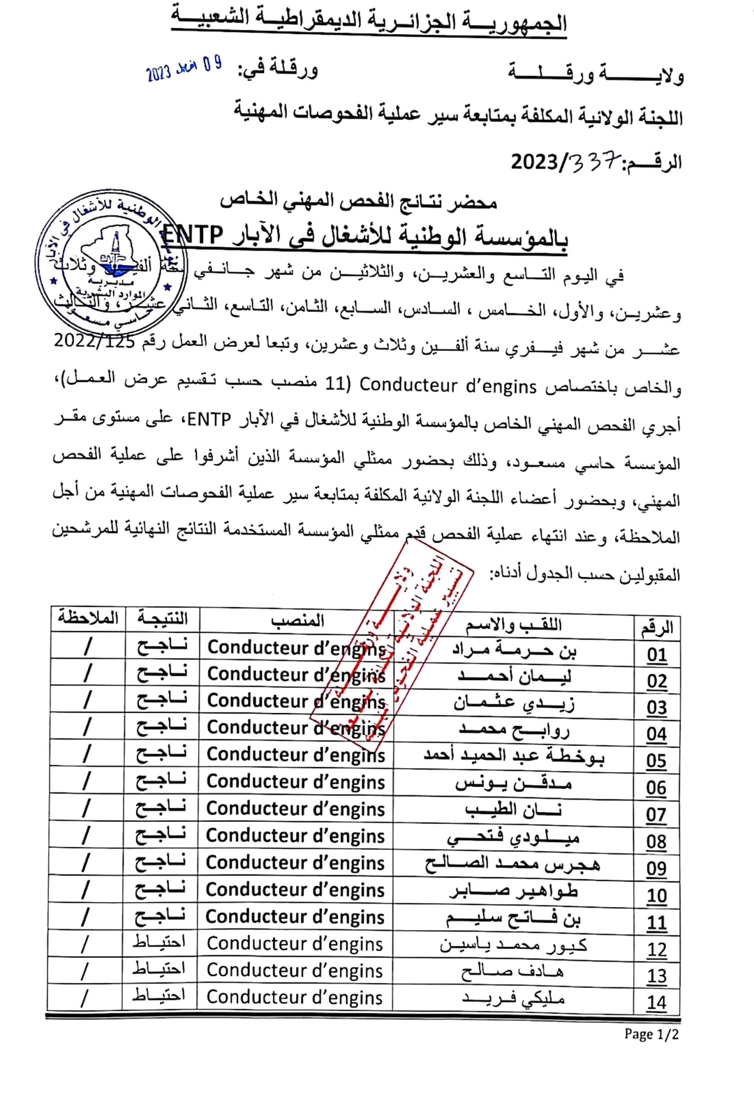 ولاية ورقلة محضر نتائج الفحص المهني الخاص بالمؤسسة الوطنية للاشغال في الآبار فحص مهني خاص بمؤسسة Eurl AVA رقم 337