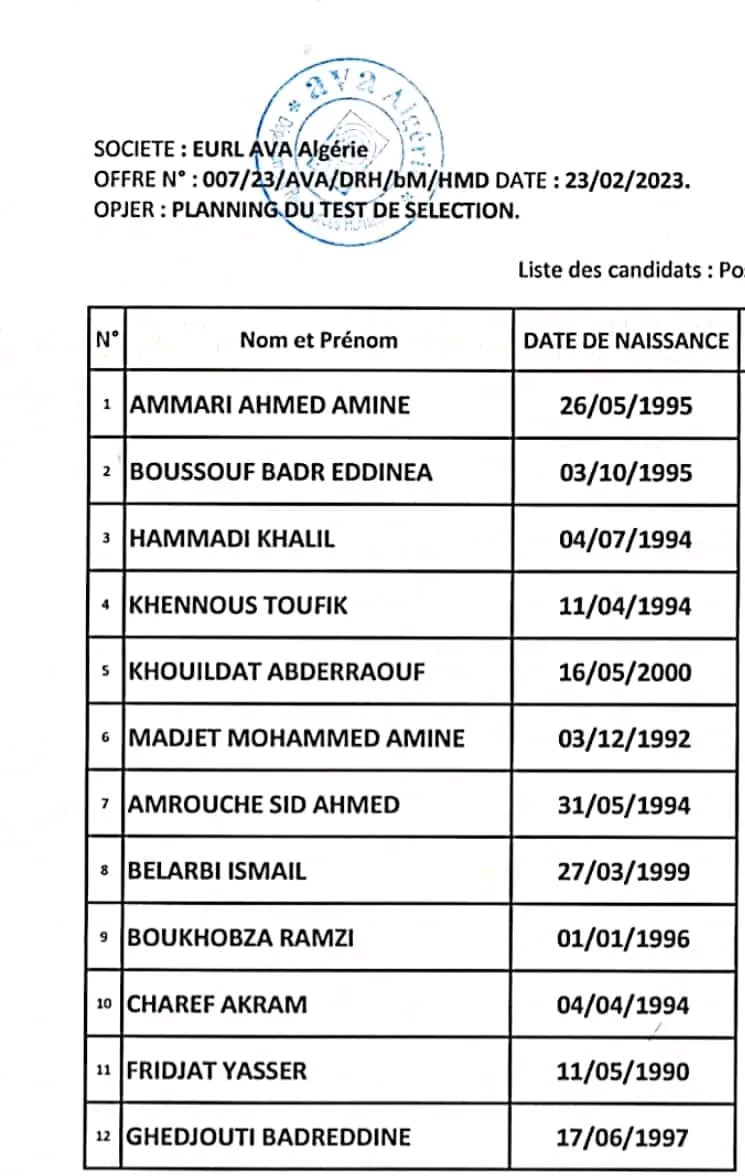 فحص مهني خاص بمؤسسة Eurl AVA. إختصاص: Opérateur Solide Contrôle. الموعد المكان  الجزائر 2023