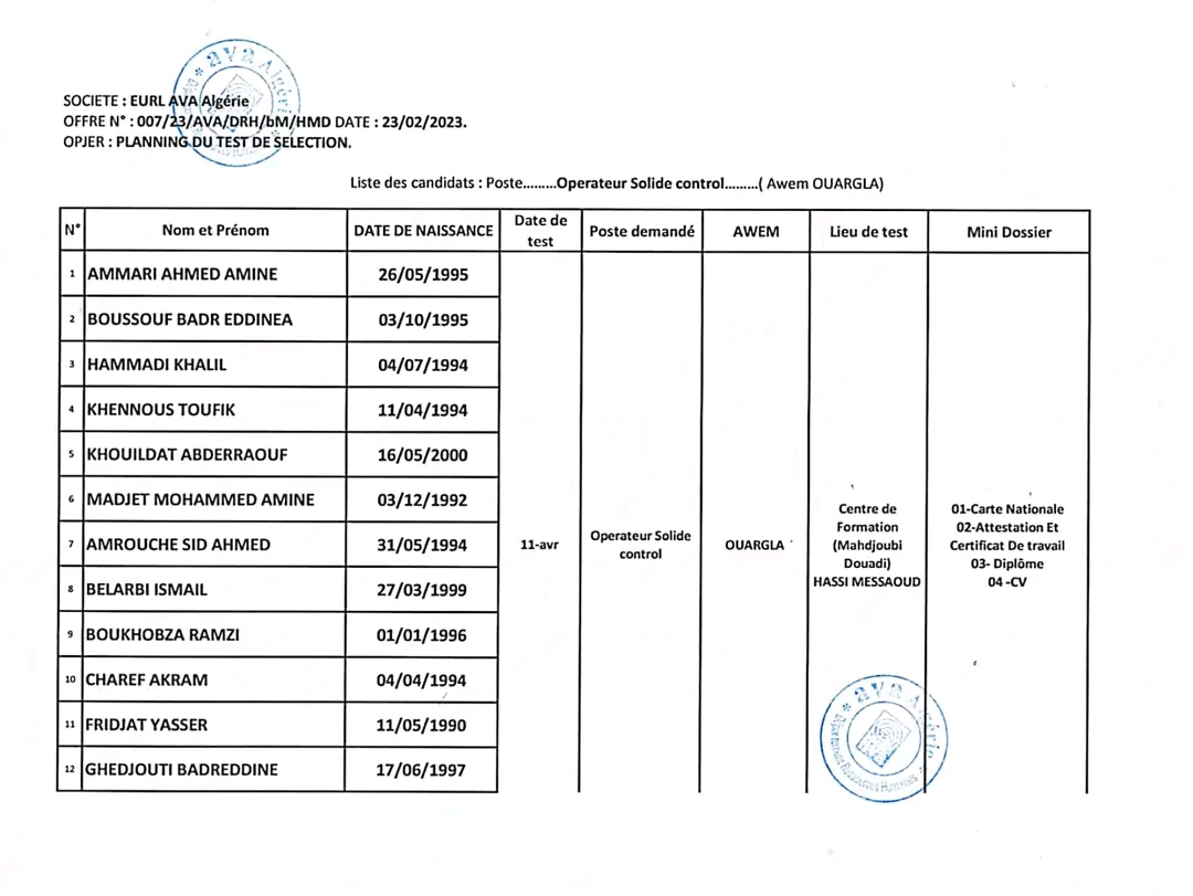 فحص مهني خاص بمؤسسة Eurl AVA. إختصاص: Opérateur Solide Contrôle. الموعد المكان  الجزائر 2023