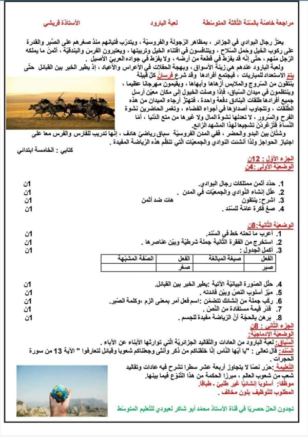 ملخص شعوب العالم السنة الثالثة متوسط .لغة عربية مراجعة خاصة بمقطع شعوب العالم