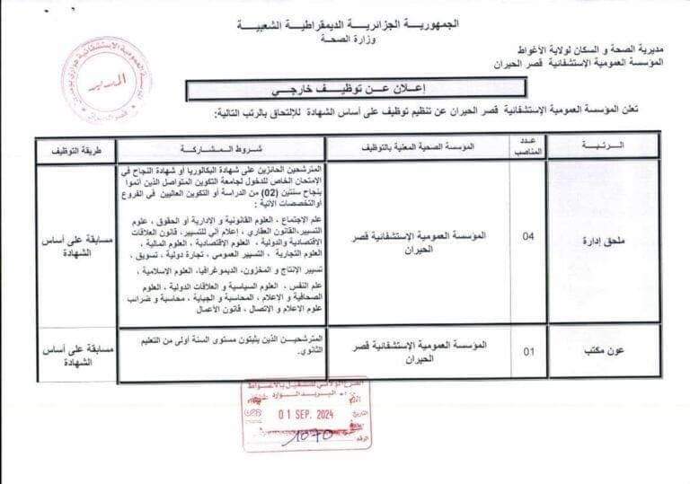 شروط مسابقة توظيف بالمؤسسة العمومية الإستشفائية بقصر الحيران الأغواط 2024