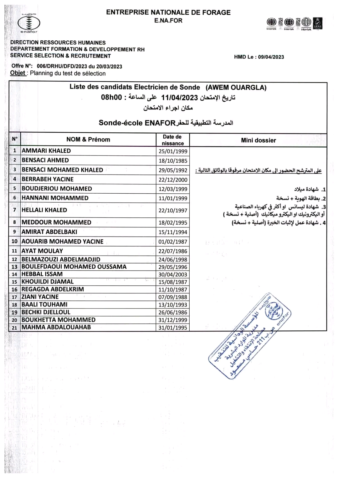 ملف الفحص المهني رقم 1 بمؤسسة Eurl AVA المطلوب في فحص مهني Eurl AVA حسب الإختصاصات المعنية امتحان القبول * Mécaniciens de sonde (Universitaire).