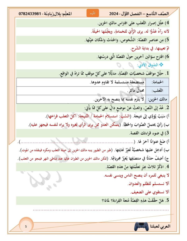 شرح وحل درس الحمامة والثّعلب ومالك الحزين للصف التاسع منهاجي الحديث لغة عربية