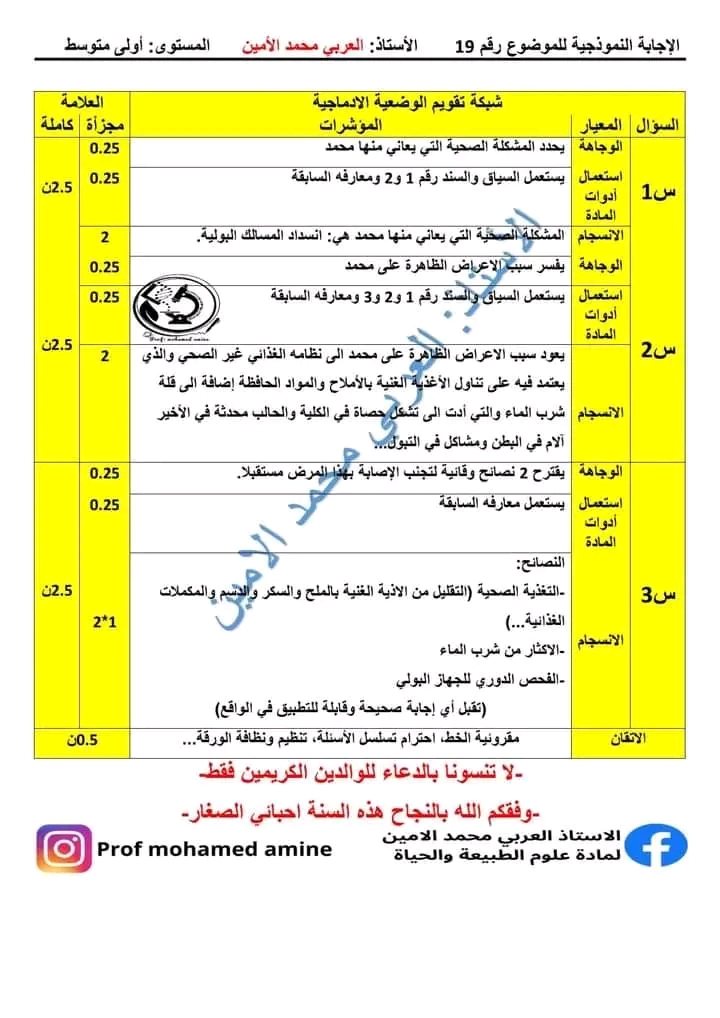 اختبار استدراكي في مادة العلوم الطبيعية سنة أولى متوسط مع الحل 2023 اختبارات استدراكية