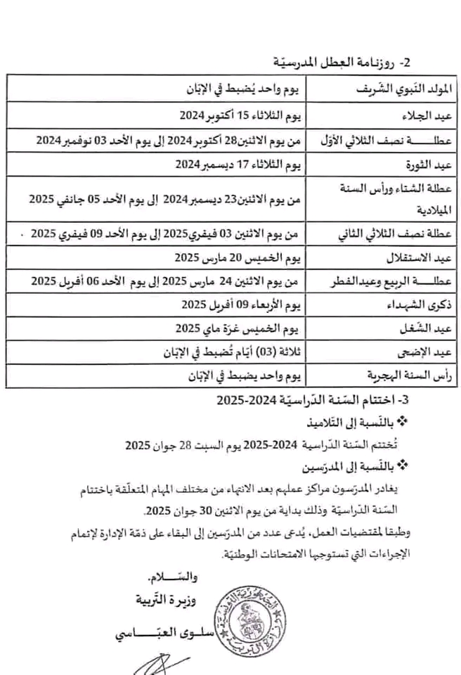 رزنامة العطل المدرسية 2024-2025 تونس افتتاح السنة الدراسية 2024 2025 الجمهورية التونسية