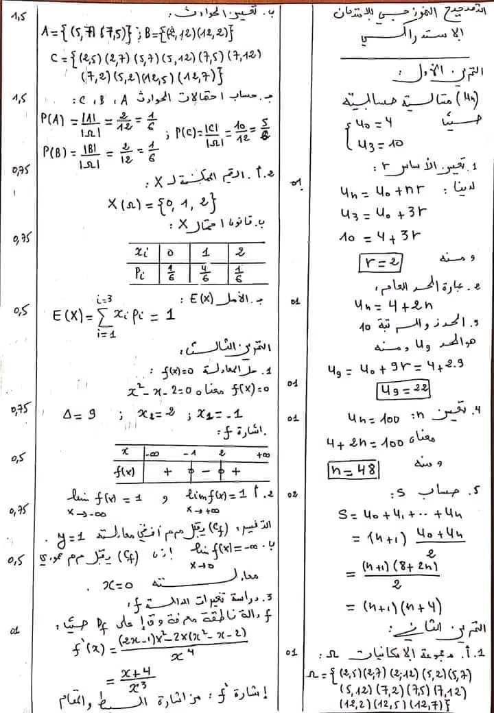 مواضيع إمتحانات إستدراكية في مادة الرياضيات للسنة ثانية ثانوي مع التصحيح النموذجي