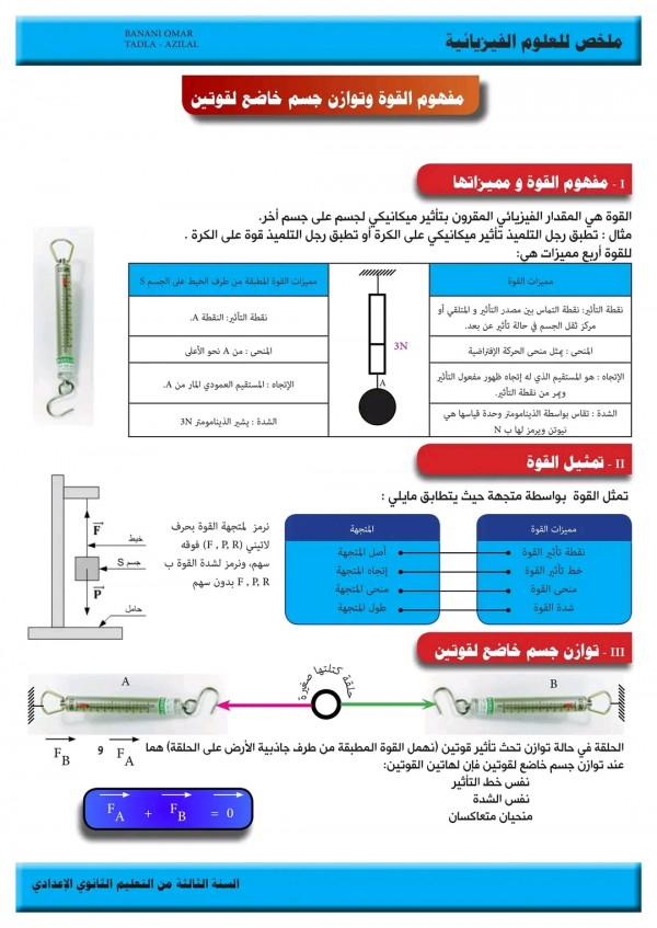 ملخص تحضير درس الوزن والكتلة للسنة الثالثة إعدادي مفهوم القوة والتوازن 3 اعدادي