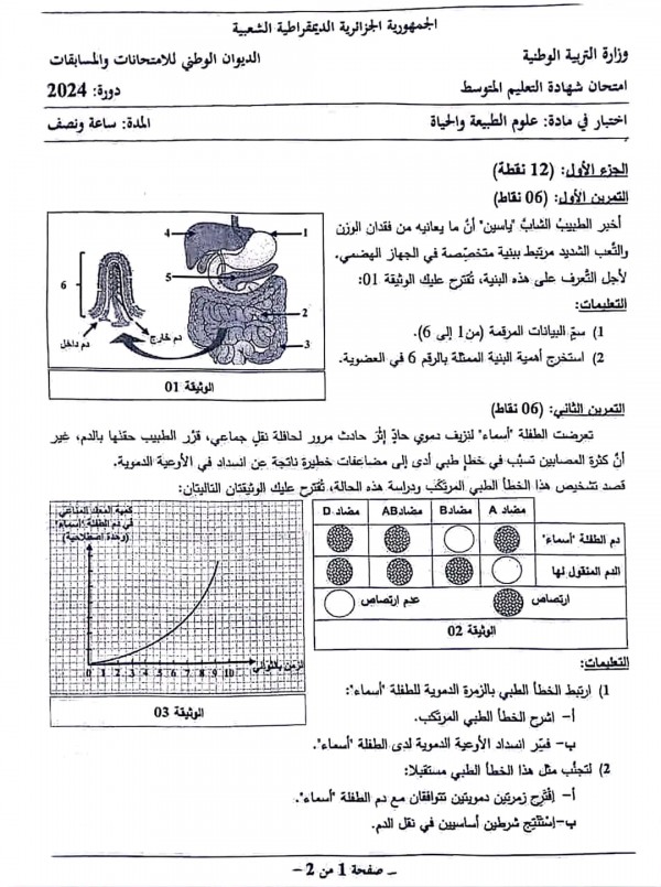 تصحيح امتحان شهادة التعليم المتوسط في العلوم الطبيعية 4 متوسط 2024