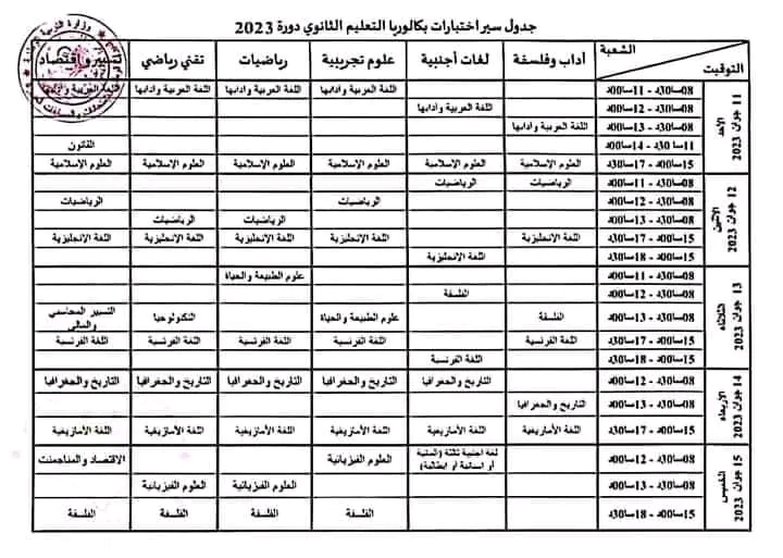 جدول سير اختبارات البكالوريا دورة 2023