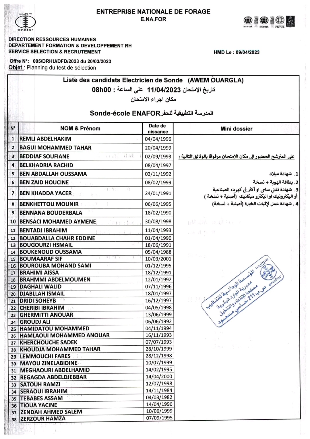 ملف الفحص المهني رقم 1 بمؤسسة Eurl AVA المطلوب في فحص مهني Eurl AVA حسب الإختصاصات المعنية