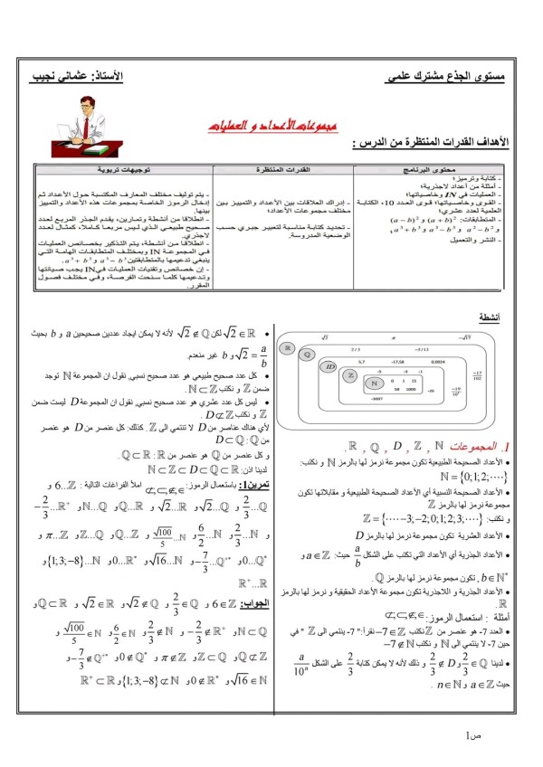 شرح مبسط درس 1 المجموعات الأساسية للأعداد سنة أولى ثانوي جذع مشترك علمي مادة الرياضيات الفصل الأول تمارين المجموعات