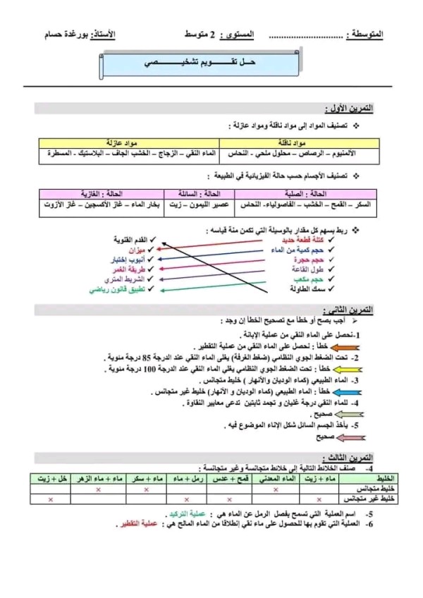 تقويم تشخيصي في مادة العلوم الفيزيائية مع الحل سنة ثانية 2 متوسط