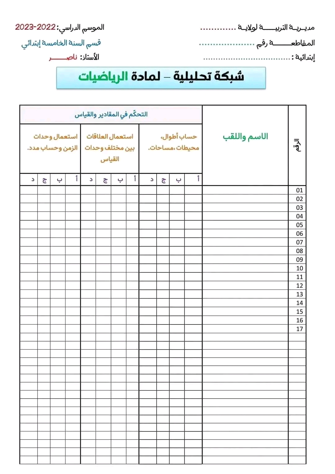 نموذج شبكة تحليلية لمادة الرياضيات تقييم المكتسبات للسنة الخامسة ابتدائي