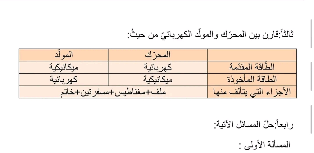 قارن بين المحرك والمولد الكهربائي من حيث الأجزاء التي يتألف منها الطاقة المأخوذة الطاقة المقدمة