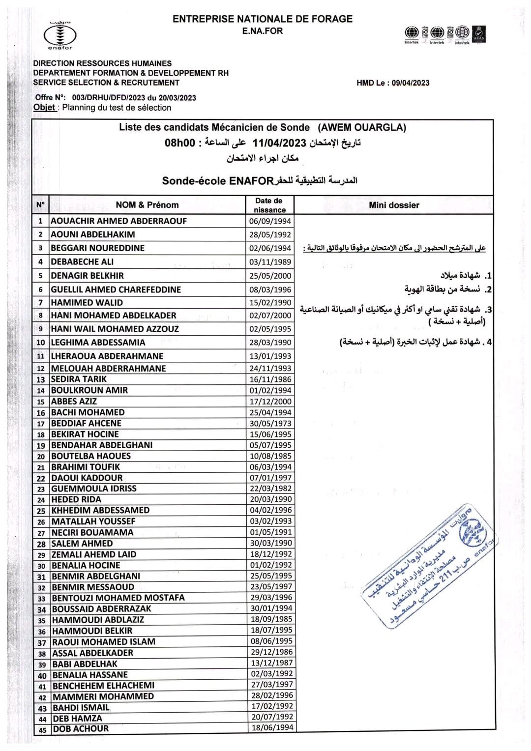 ملف الفحص المهني رقم 1 بمؤسسة Eurl AVA المطلوب في فحص مهني Eurl AVA حسب الإختصاصات المعنية