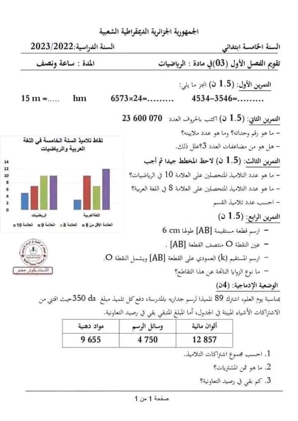 نماذج اختبارات محلولة في الرياضيات للسنة الخامسة ابتدائي ، اختبارات السنة الخامسة ابتدائي الفصل الأول مع التصحيح