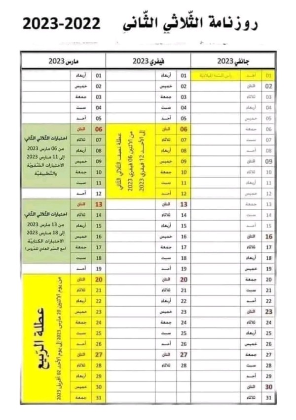 رزنامة العطل المدرسية للسنة الدراسية 2022 2023 تونس عطلة نصف الثلاثي الثاني تنطلق من يوم الاثنين 6 فيفري إلى غاية الأحد 12 فيفري 2023و تنطلق عطلة الربيع من يوم الاثنين 20 مارس إلى غاية الأحد 2 افريل في حين تحافظ الامتحانات الوطنية على مواعيدها على أن تختتم السنة الدراسية يوم الجمعة 30 جوان 2023. لمحة عن الثلاثي الثاني للعام الدراسي 2022-2023 * خمسة أسابيع دراسة : 2 جانفي - 4 فيفري * أسبوع عطلة نصف الثلاثي : 6 فيفري - 12 فيفري * ثلاثة أسابيع دراسة : 12 فيفري - 4 مارس * الأسبوع المفتوح (دراسة) : 6 مارس - 11 مارس  * الأسبوع المغلق : 13 مارس - 18 مارس * عطلة الربيع ( العشرة أيام الأولى من رمضان)