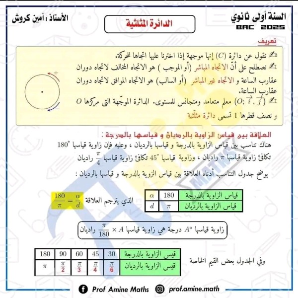 ملخص الدائرة المثلثية ، الدالة جيب الدالة جيب تمام سنة اولى ثانوي تمارين الدائرة المثلثية والدالة جيب الدالة جيب مع الحل