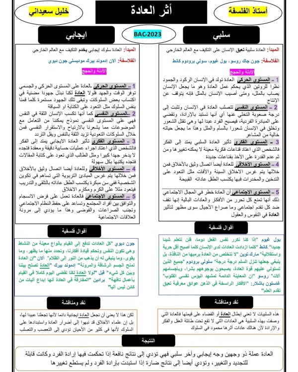 مقالة حول إثر العادة وقيمة العادة ملخص مقالة اثر العادة وقيمتها آداب وفلسفة