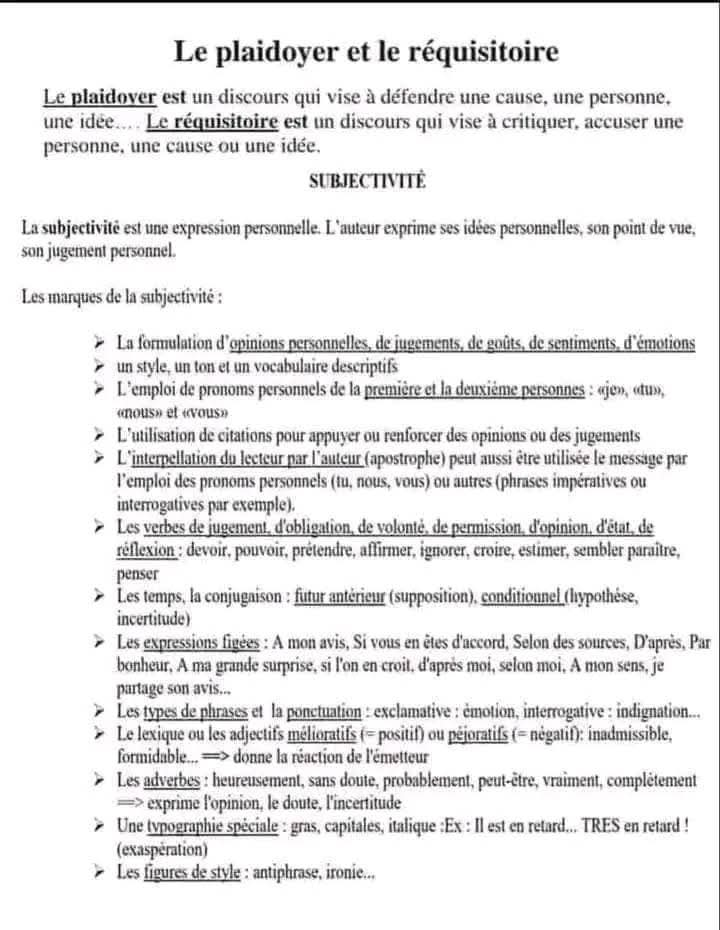 ملخص دروس الفصل الثاني اللغة الفرنسية للسنة الثانية ثانوي 2as جميع الشعب الوحدة projet 2 le discours théâtral plaidoyer et réquisitoire