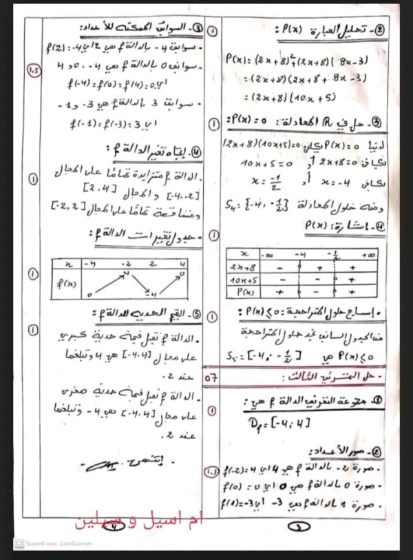 نماذج اختبار في الرياضيات الفصل الثاني اولي ثانوي شعبة أداب فروض الفصل الثاني رياضيات  مع الحل