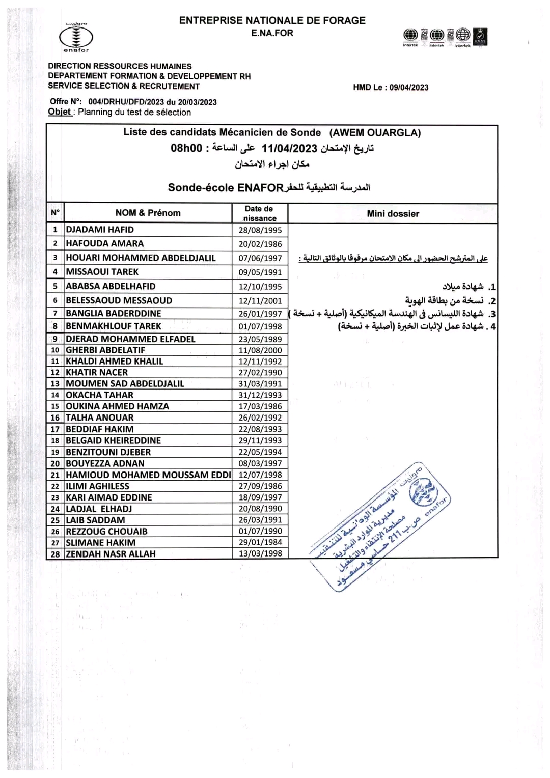 ملف الفحص المهني رقم 1 بمؤسسة Eurl AVA المطلوب في فحص مهني Eurl AVA حسب الإختصاصات المعنية * Electriciens de sonde (TS).