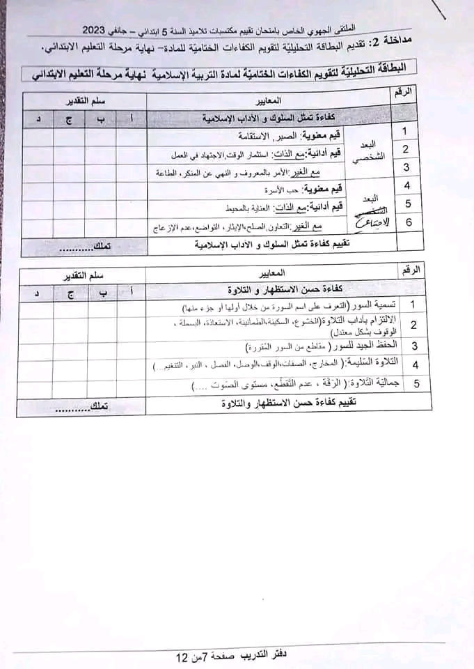 نموذج الشبكة التحليلية في الرياضيات و اللغة العربية و التربية المدنية للسنة الخامسة ابتدائي - امتحان تقييم المكتسبات